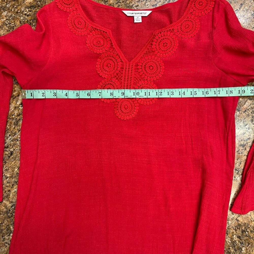 Counterparts Women Red Handkerchief Blouse Top 3/4 Sleeve Knit Lace Details Sz M - Picture 4 of 16
